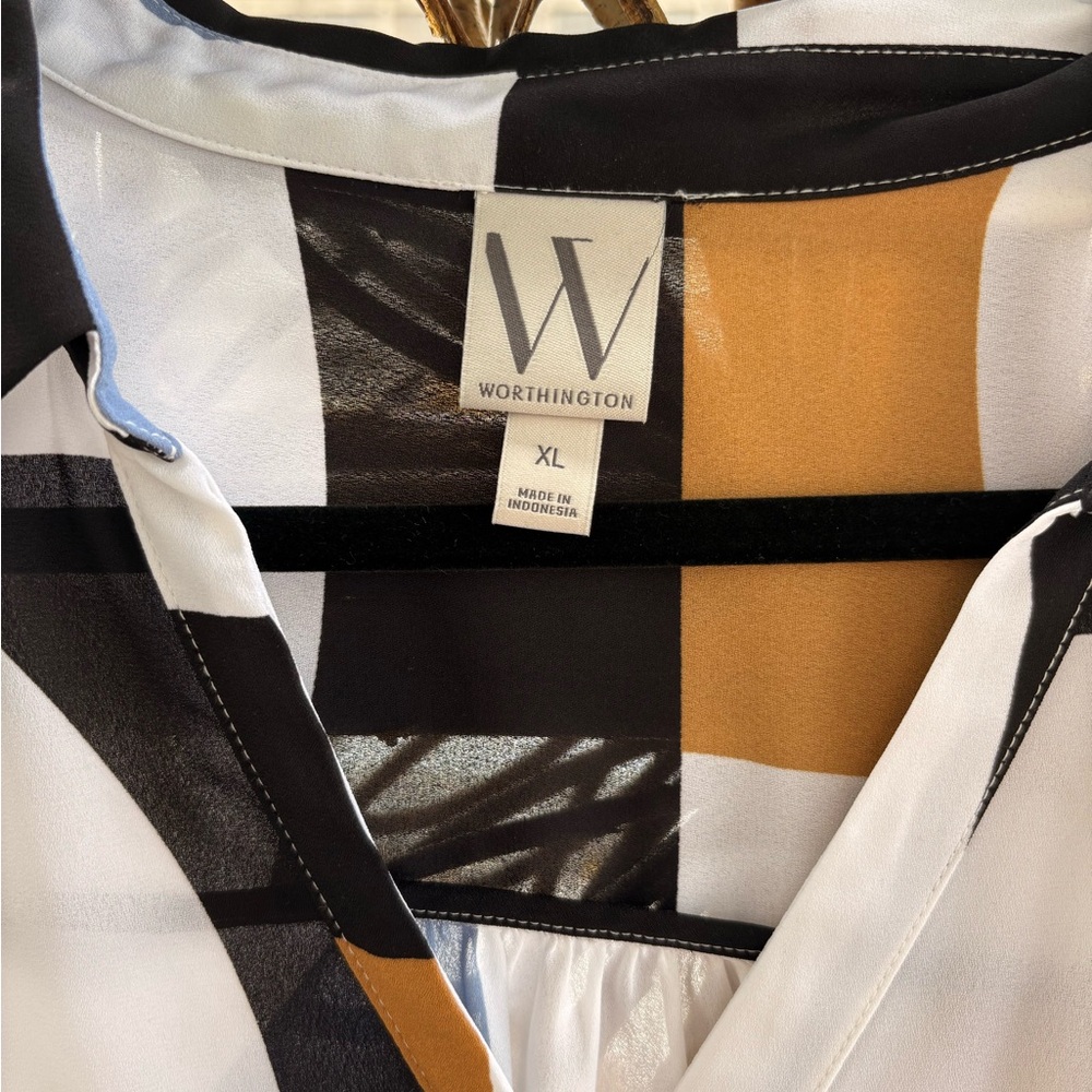 Worthington Abstract Print Blouse - Black, White, Brown, Blue - Picture 3 of 6